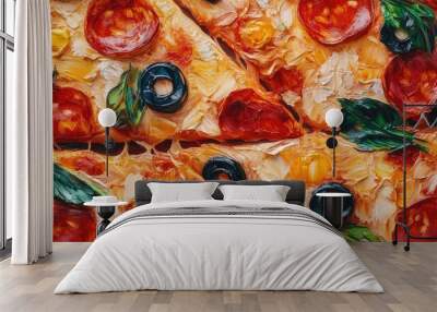 Close up oil painting of a pizza pattern showcasing a vibrant food background highlighting colorful cuisine in food photography Wall mural