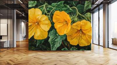 Close up oil painting of vibrant yellow tomato flowers in full bloom surrounded by lush green leaves ideal for prints posters screensavers and wallpapers Wall mural