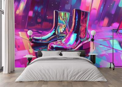 Glossy footwear set against a vibrant disco scene Wall mural