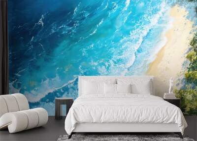 Oil painting capturing a summer seascape featuring vibrant blue waters under sunlight Aerial view showcasing the surf and sandy beach of a picturesque tropical coastline Wall mural