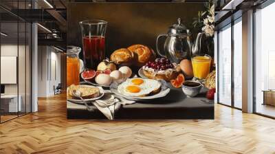 Oil painting depicting a breakfast spread featuring eggs tea juice and bread showcasing various meal elements Wall mural