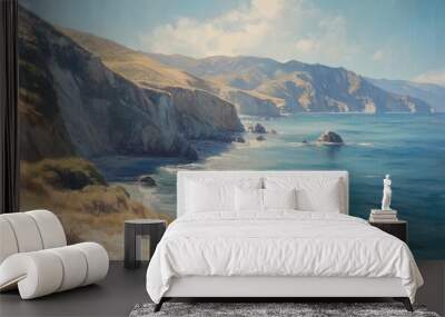 Oil painting depicting a coastal landscape with serene waters and rugged cliffs of a Pacific coastline Wall mural