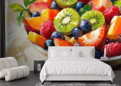 Oil painting depicting a concept of delectable low calorie desserts featuring a vibrant fruit salad Emphasizing healthy organic food for a light and refreshing snack Close up view on a wooden back Wall mural