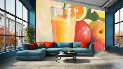 Oil painting depicting a glass of smoothie featuring fruits such as orange banana and apple representing concepts of detox diet and healthy vegetarian eating Wall mural