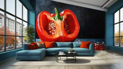 Oil painting depicting a halved red pepper on a dark board showcasing seeds Close up view highlights the appealing nature of this nutritious food Wall mural