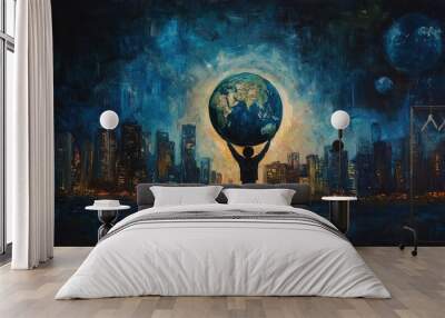 Oil painting depicting a human holding the globe against a city skyline at night symbolizing themes of business politics ecology and media for Earth Day Abstract representation Wall mural