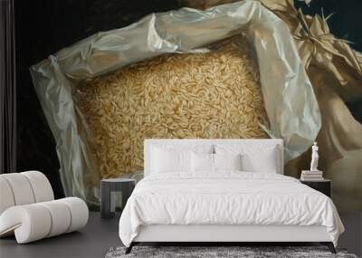 Oil painting depicting a pack of brown rice in a plastic bag showcasing the grain and packaging details Wall mural