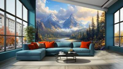 Oil painting depicting a picturesque mountain landscape with forests a river sunlight clouds and wildlife showcasing the beauty of nature Wall mural