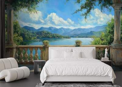 Oil painting depicting a scenic balcony view overlooking a tranquil lake Wall mural