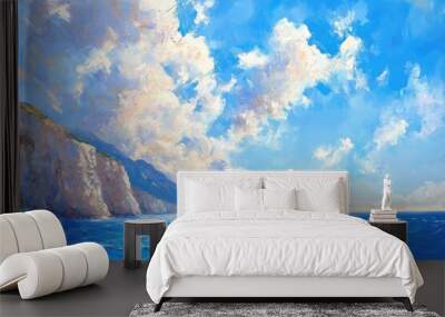 Oil painting depicting a seascape with vibrant blue sky and ocean view Wall mural