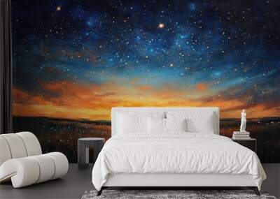 Oil painting depicting a starry sky filled with glowing stars over a rural field during early spring featuring the bright glow of a planet amidst warm evening or dawn light Wall mural