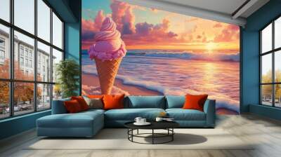 Oil painting depicting a tasty ice cream on sandy beach under a vibrant summer sunset capturing the essence of a warm and relaxing atmosphere Wall mural