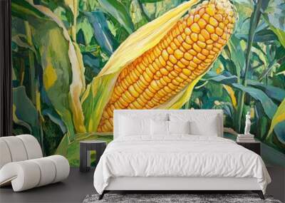 Oil painting depicting a vibrant yellow orange corn stigma on an ear of corn surrounded by lush green foliage viewed from the side Wall mural