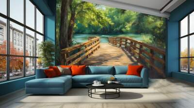 Oil painting depicting a wooden boardwalk in a serene park setting Wall mural