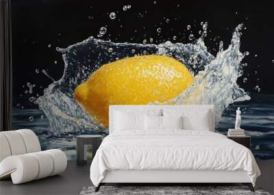 Oil painting depicting a yellow lemon fruit splashing into water creating bubbles against a dark backdrop showcasing organic food elements Wall mural