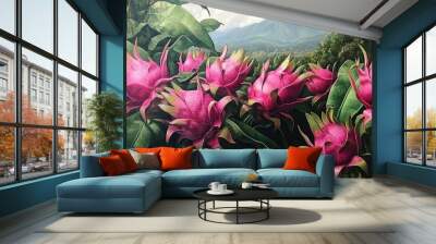 Oil painting depicting dragon fruit in a garden setting highlighting fruit cultivation Wall mural