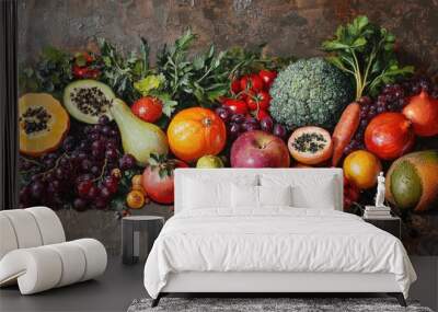 Oil painting depicting fresh fruits vegetables and seeds on a textured surface representing a healthy and nutrient rich diet Wall mural