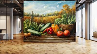 Oil painting depicting fresh vegetables in a farming and gardening setting Wall mural