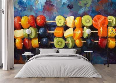 Oil painting depicting fruit skewers highlighting the theme of healthy eating and nourishment through colorful produce Wall mural