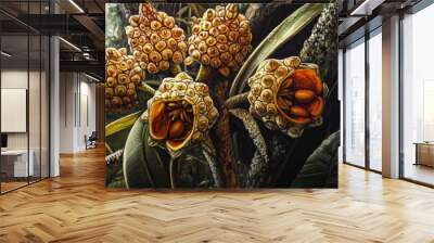 Oil painting depicting Melinjo skin an annual dioecious plant featuring open seeds and a tree like structure with male and female variants Wall mural