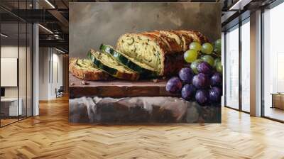 Oil painting of sliced zucchini walnut bread paired with grapes showcasing food preparation and fruit accompaniment Wall mural