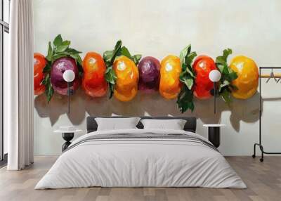 Oil painting of vegetable skewers featuring tomatoes on a white background showcasing colorful vegan ingredients Wall mural