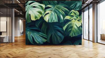 Oil painting showcasing a rich background of large green leaves highlighting the texture of deep foliage in a tropical setting evoking a sense of nature s beauty Wall mural