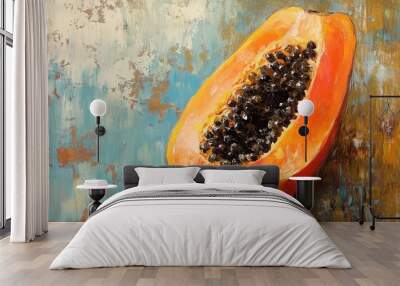 Oil painting showcasing a vertical slice of ripe organic papaya fruit highlighting its vibrant colors and textures Wall mural