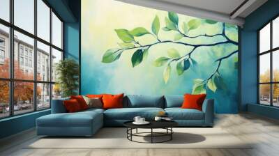 Oil painting showcasing fresh leaves on a tree branch highlighting the beauty of nature and growth Wall mural