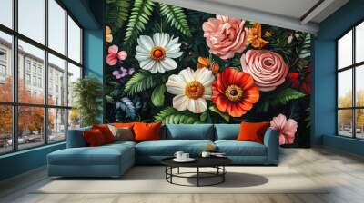 Oil painting showcasing vibrant flowers amidst lush greenery highlighting floral beauty and serene natural scenery Wall mural