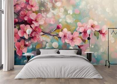 Panoramic oil painting featuring a vibrant spring scene with pink hawthorn blossoms and a gorgeous bokeh effect providing ample copy space for spring themes Wall mural