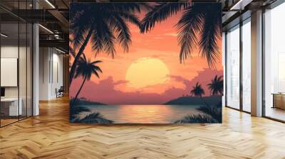 Silhouette of coconut leaves and trees against a sunset sky featuring a vintage seascape background with palm trees on the horizon over the water Wall mural