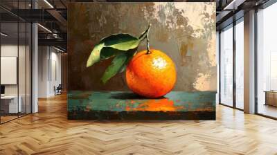 Still life oil painting featuring a mandarin orange showcasing vibrant colors and rich textures of this citrus fruit Wall mural