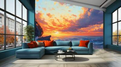 Sunset oil painting featuring cliffs and a mystical rock formation capturing serene island landscapes and vibrant colors Wall mural