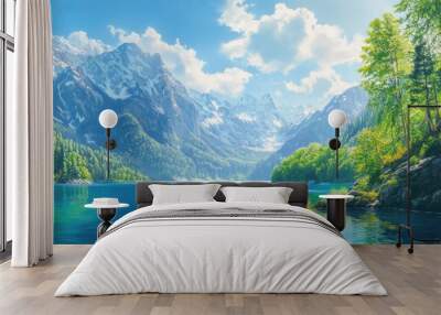 Vibrant oil painting depicting a summer panorama of a scenic lake with majestic mountains in the background showcasing a beautiful outdoor scene in a natural reserve within the Alps Wall mural