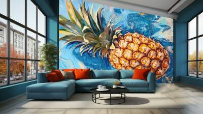 Vibrant oil painting featuring a fresh juicy pineapple against a striking blue marble backdrop Close up top view of the tropical fruit on a colorful surface Wall mural