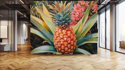 Vibrant oil painting featuring an exquisite ornamental pineapple in a garden setting Wall mural