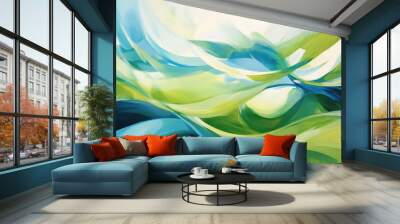 Vibrant oil painting of an abstract landscape featuring dynamic green and blue shapes capturing the lively essence of spring fields in motion Wall mural