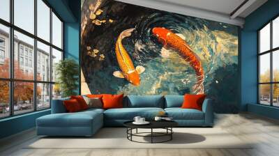 Vibrant orange koi swimming swiftly in a sunlit pool their striking colors accentuated by the interplay of light and shadow Wall mural