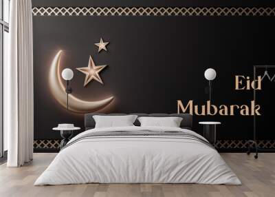 Eid mubarak realistic islamic crescent moon decoration black gold banner 3d render Wall mural