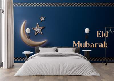 Eid mubarak realistic islamic crescent moon decoration navy gold banner 3d render Wall mural