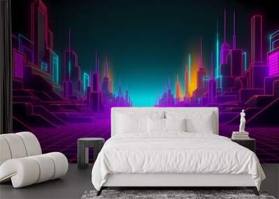 cyberpunk background wireframe city generated ai Wall mural