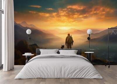 a man walking with a dog, sunset in the mountains, hiking, love nature, ai generated Wall mural