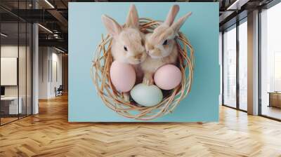 bunny with easter eggs in a basket on a blue background Wall mural