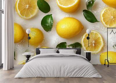 A close up of a bunch of lemons and their leaves, pattern Wall mural