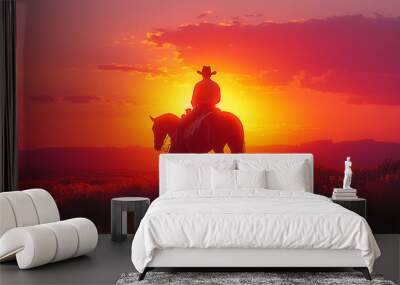 A cowboy is riding a horse in a field with a beautiful sunset in the background Wall mural