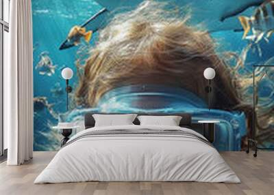 A girl is underwater with a shark in the background Wall mural