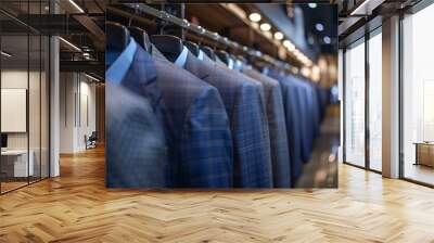 A row of blue and gray suits hanging on a rack Wall mural