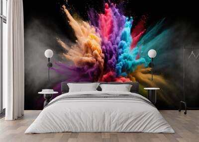 Multicolored powder splatted on white background, Freeze motion color powder exploding, Digital Art Wall mural