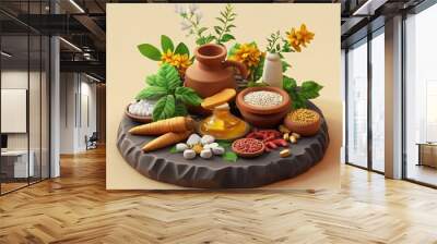 3D Ayurvedic Herbs Icon: Traditional Healing Herbs Illustration Logo Wall mural